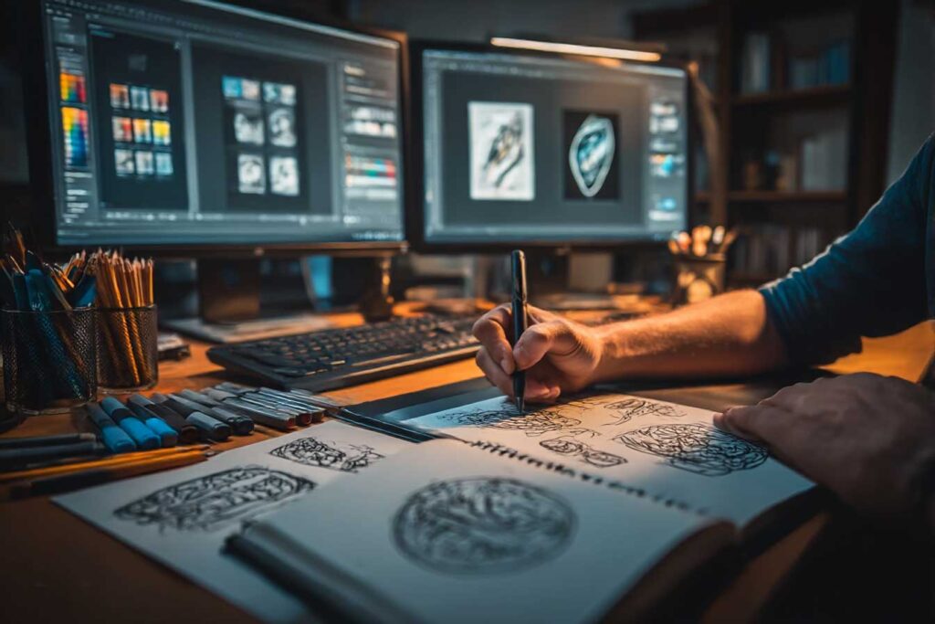Ventura logo designer drawing in art studio